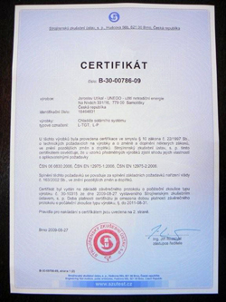 Certifikát - chladič solárních systémů